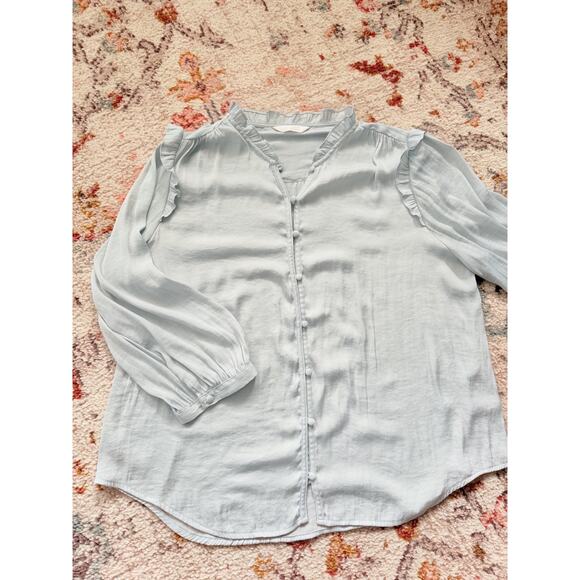 Women's Lauren Conrad light blue Ruffled Button-Up Long Sleeve Blouse Size small - Picture 3 of 15